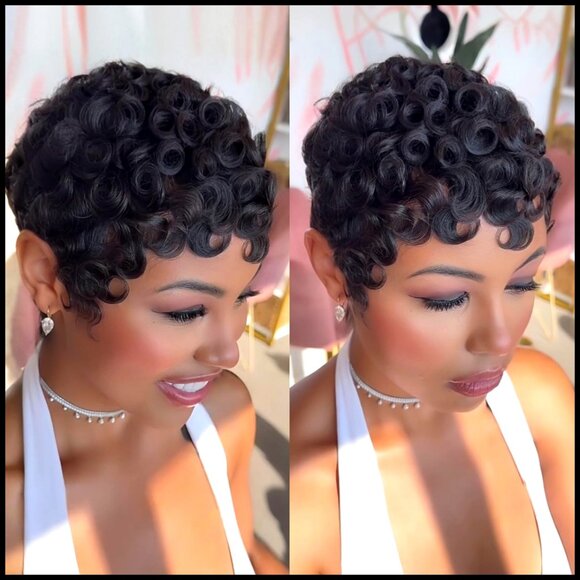Short Layered Pixie Cut Human Hair Wig With Bangs Curly Glueless main image 4